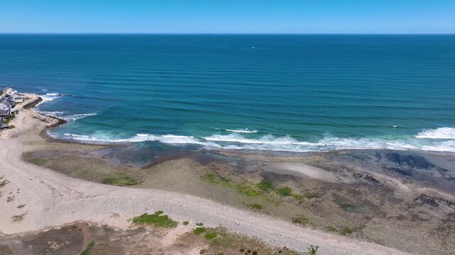 North River mouth to the Atlantic Ocean aerial view between Third Cliff and Fourth Cliff village in town of Scituate, Massachusetts MA, USA. 