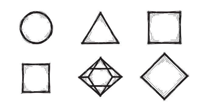 Hand drawn geometric shape set including circle triangle square and diamond. Minimalist sketch vector illustration.