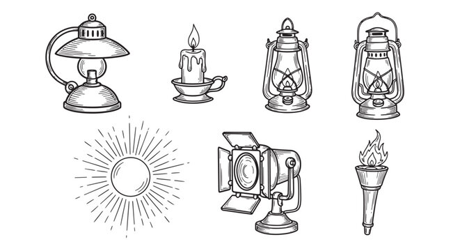 Antique lighting and lamp collection with candle lantern spotlight and torch. Vintage light source vector icons.
