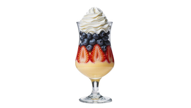 Layered dessert with custard strawberries blueberries and whipped cream, isolated on transparent background