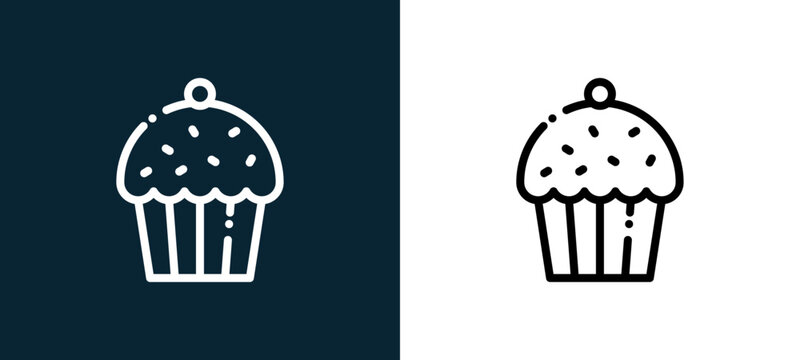 Two-color cupcake outline icon pair in black and white, editable stroke vector illustration for web, mobile apps, UI design, branding, and print from cafe