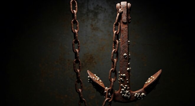 Heavily corroded maritime anchor hangs suspended by a thick metal chain against a dark backdrop