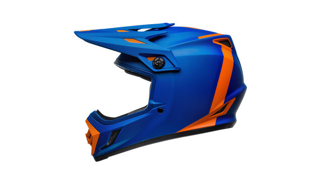 Blue and orange motocross helmet with visor, isolated on transparent background