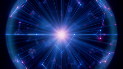 Fototapeta premium Closeup of Abstract big data sphere of quantum computing qubit core. Data flow transmission and connections from central core. Ai cloud computing unit. Futuristic technology