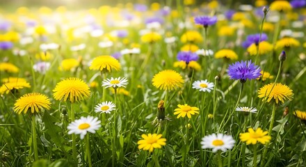 Obraz premium A vibrant meadow filled with a diverse array of colorful wildflowers basking in bright sunlight