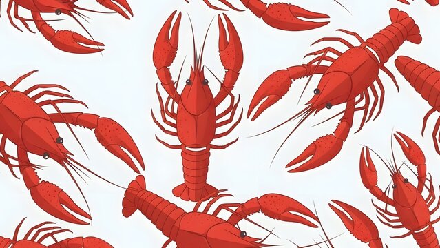 Vibrant red crawfish and lobster pattern illustration. Dynamic seafood background with repetitive crustacean motifs, perfect for culinary and marine-themed designs
