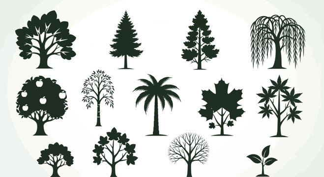 Collection of dark green tree silhouettes including oak pine palm maple and apple varieties