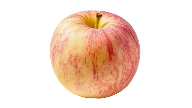 Red and yellow striped apple with stem, isolated on transparent background