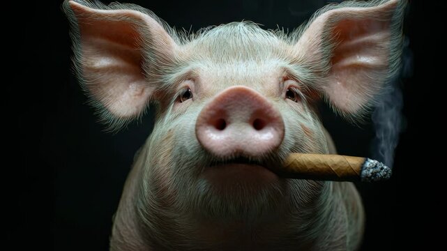 Funny animal portrait of a pig smoking a big cigar on a black background