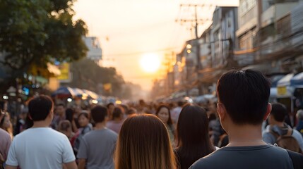 Fototapeta premium A busy street market at sunset with a crowd of people walking