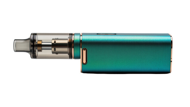 Teal metallic vape pen with clear glass tank and copper accents, isolated on transparent background