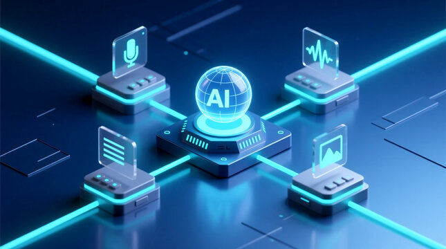 Futuristic digital scene depicting generative AI workflow with multi-modal inputs converging for intelligent automation through advanced data processing
