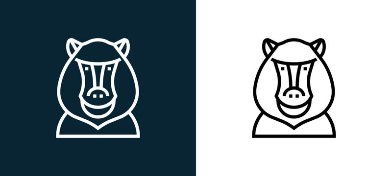 Two-color baboon outline icon pair in black and white, editable stroke vector illustration for web, mobile apps, UI design, branding, and print from animal head