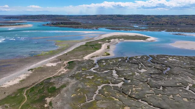 Scituate marsh aerial view at North River mouth to the Atlantic Ocean in town of Scituate, Massachusetts MA, USA. 