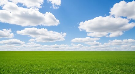 Obraz premium A serene expansive landscape showcasing a vast green field under a bright blue sky adorned with fluffy white clouds