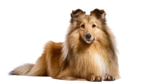 Fluffy golden sable Shetland Sheepdog lying down, isolated on transparent background