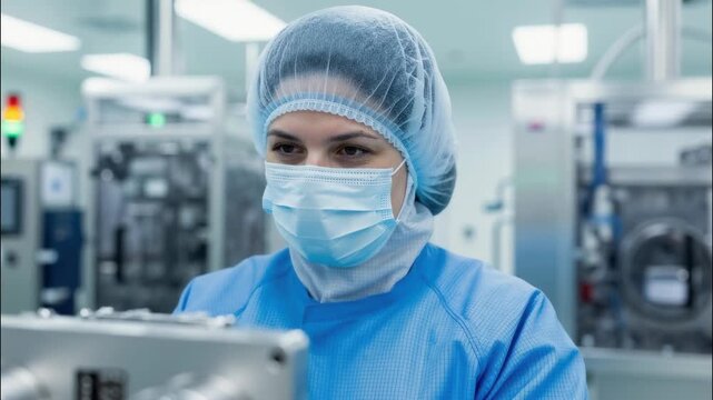 Technician in sterile gown and mask working in cleanroom. Female worker inspecting machinery in high-tech laboratory or pharmaceutical factory. Quality control concept