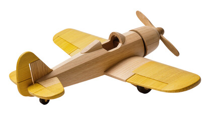 Wooden biplane toy with yellow painted wings, isolated on transparent background © Bogdan