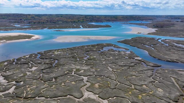 Scituate marsh aerial view at North River mouth to the Atlantic Ocean in town of Scituate, Massachusetts MA, USA. 