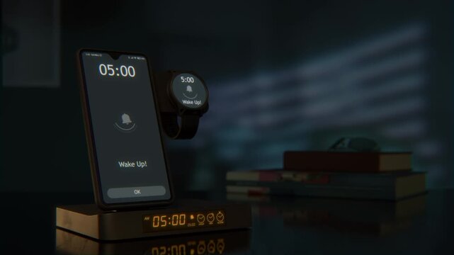 Phone charger with digital alarm clock, charging phone and smart watch are waking up at 5 AM. The numbers on the devices screens changes from 4:59 to 5:00AM. Several books, glasses in the background.