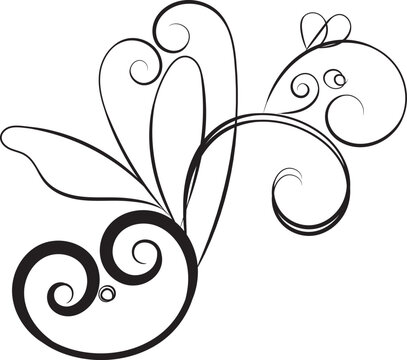 An ornate black vector illustration featuring abstract floral design elements with elegant swirls, leaf curls, and butterfly silhouettes for a nature-inspired art decoration