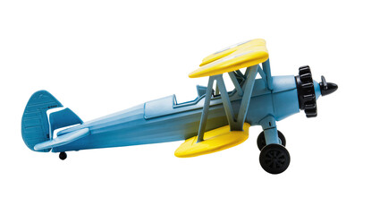 Blue and yellow biplane toy with black propeller and wheels, isolated on transparent background © Bogdan