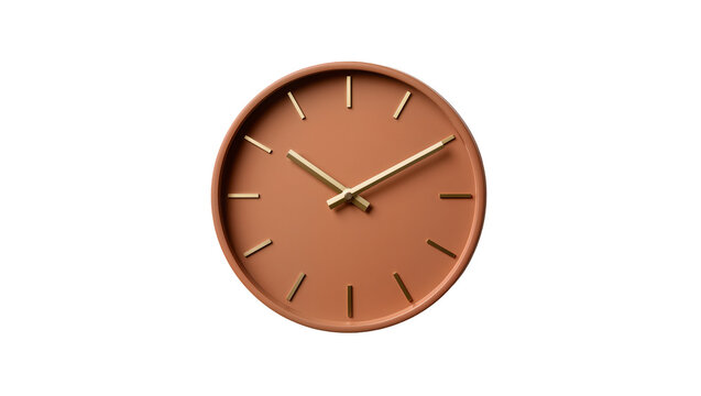 Minimalist terracotta wall clock with golden hands and hour markers, isolated on transparent background