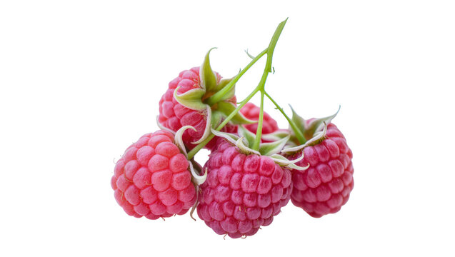 Fresh ripe raspberries on a green stem, isolated on transparent background