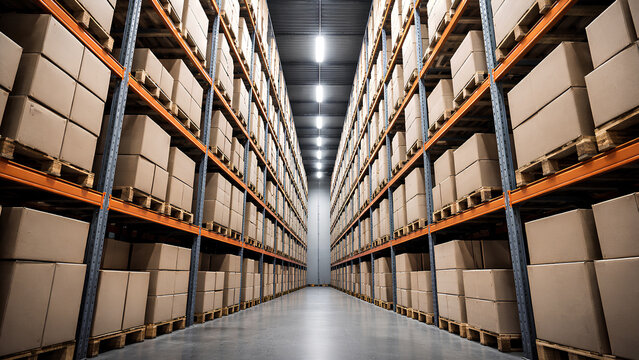 warehouse storage shelves low angle perspective organized boxes structure
