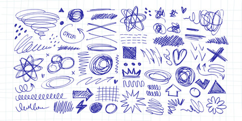 Plakat Massive isolated blue pen chaos scribbles set. Hand drawn abstract rough shapes, strokes, spirals and zigzags on grid. Vector dirty doodle elements collection for grunge overlay and typography.