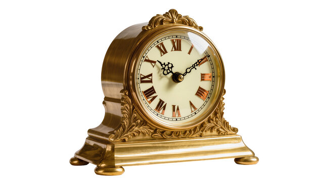 Ornate golden mantel clock with Roman numerals, isolated on transparent background