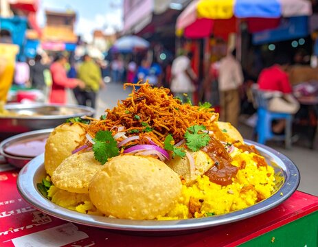 Papri OR Papdi chat also known as Sev Batata Puri - popular indian snacks or street food, selective focus