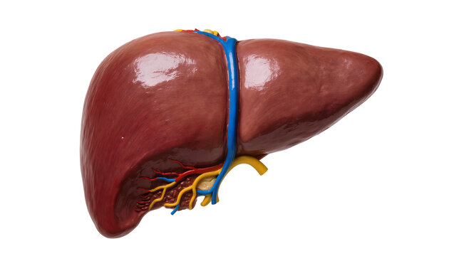Human liver model with blue vein and red artery, isolated on transparent background