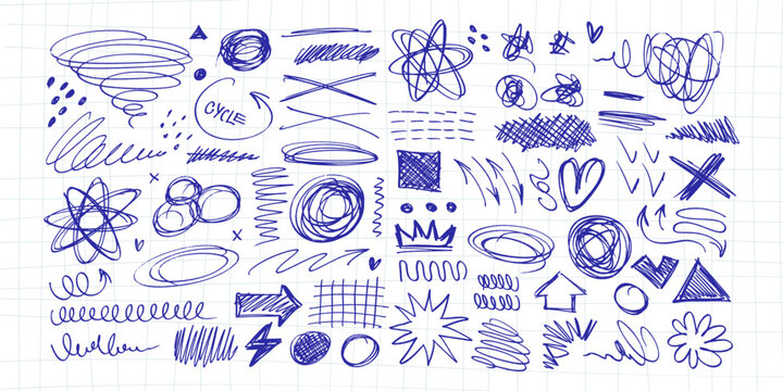 Massive isolated blue pen chaos scribbles set. Hand drawn abstract rough shapes, strokes, spirals and zigzags on grid. Vector dirty doodle elements collection for grunge overlay and typography.