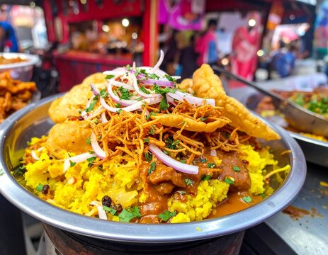 Papri OR Papdi chat also known as Sev Batata Puri - popular indian snacks or street food, selective focus