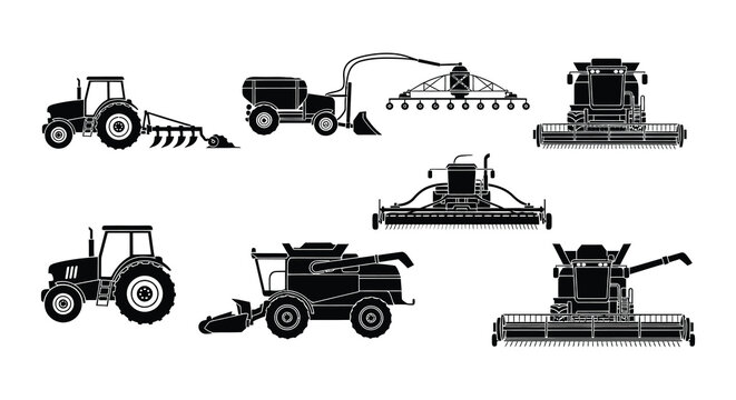 Collection of black silhouette farming machinery and agricultural equipment
