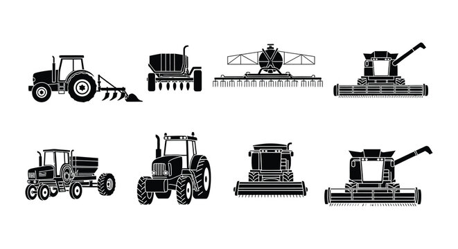 Collection of black silhouette farming machinery and agricultural equipment