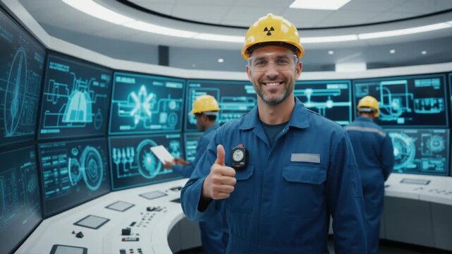 Smiling male nuclear engineer giving thumbs up in control room. Professional technician in yellow hard hat and blue jumpsuit at power plant. Nuclear energy and safety concept