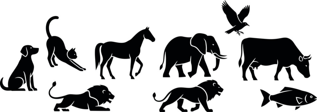 Wild animal silhouette vector collection featuring horses dogs cats tigers leopards ponies and wildlife icons running mammal nature set illustration design