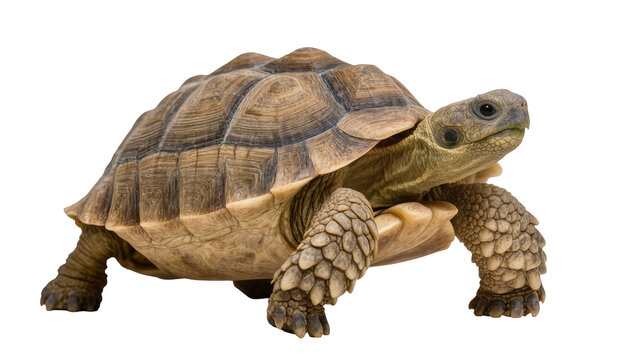 Brown shelled tortoise with scaly legs, isolated on transparent background