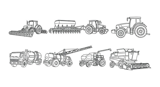 Collection of black silhouette farming machinery and agricultural equipment