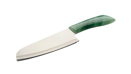 Sharp steel chef s knife with polished green jade handle, isolated on transparent background © Bogdan