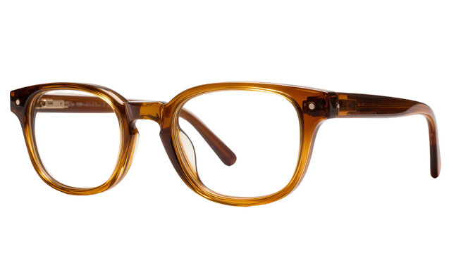 Brown acetate eyeglasses with clear lenses, isolated on transparent background
