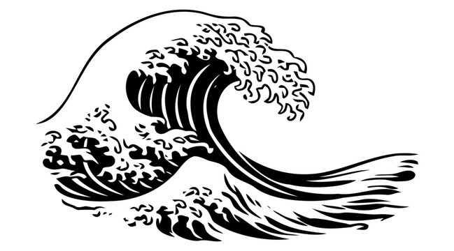 Japanese wave hand drawn illustration, great wave ukiyo e style ocean tattoo design black and white
