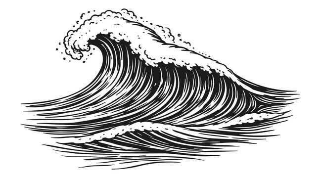 Ocean wave hand drawn engraving illustration, vintage surf wave line art black and white sea water splash
