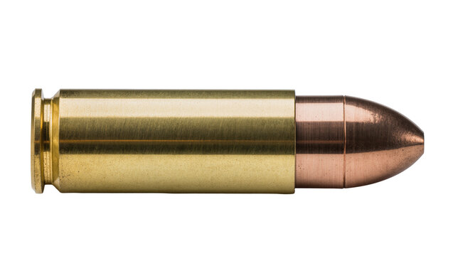 Brass cartridge case with copper bullet, isolated on transparent background