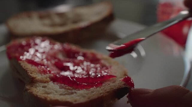 Close up of small knife spreading red fruit jam across bread slice on plate showing texture of sweet spread and simple homemade breakfast preparation in kitchen