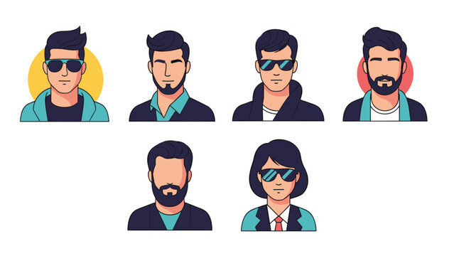 Group of male and female character portraits wearing stylish sunglasses with different hair and beard styles in a flat design.