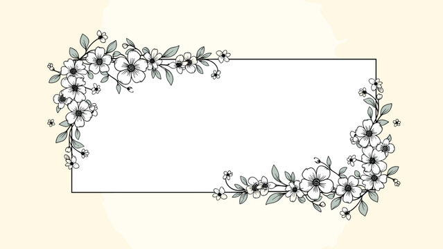 Elegant rectangular frame features delicate black and white floral sketches with subtle green leaf accents on corners.