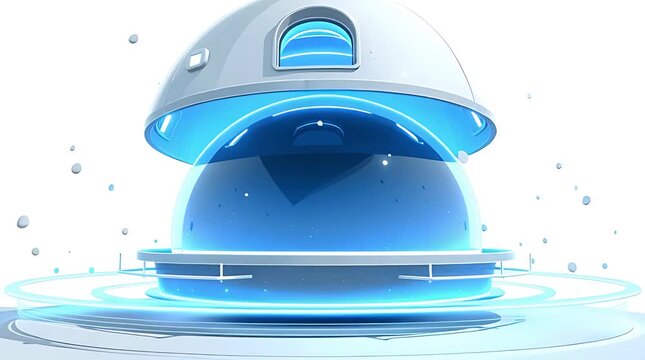 Futuristic White Dome Robot Opening to Reveal Glowing Blue Sphere